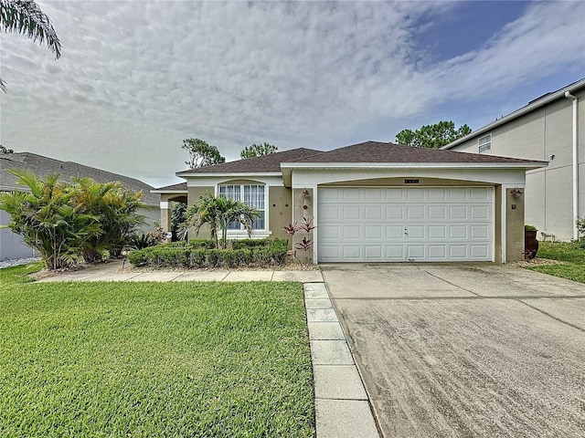 1428 Park Pl, Haines City, FL 33844 - ranch-style home featuring stucco siding, driveway, a front lawn, and an attached garage