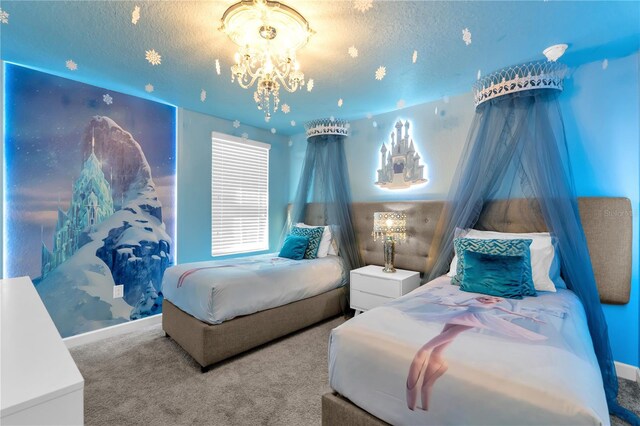 1560 Maidstone Ct, Davenport, FL 33896 - bedroom with a textured ceiling, carpet flooring, a chandelier, and baseboards
