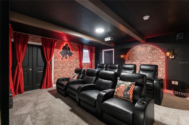 1560 Maidstone Ct, Davenport, FL 33896 - home theater with carpet, brick wall, and beamed ceiling
