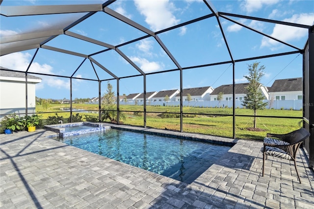 11330 Burgundy Dr, Venice, FL 34293 - view of swimming pool featuring a patio area, a lawn, a lanai, and a residential view