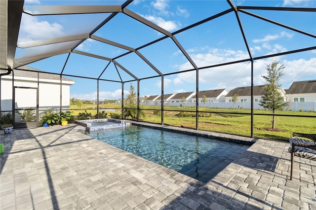 11330 Burgundy Dr, Venice, FL 34293 - view of pool with a patio area, a lawn, a lanai, a residential view, and a pool with connected hot tub