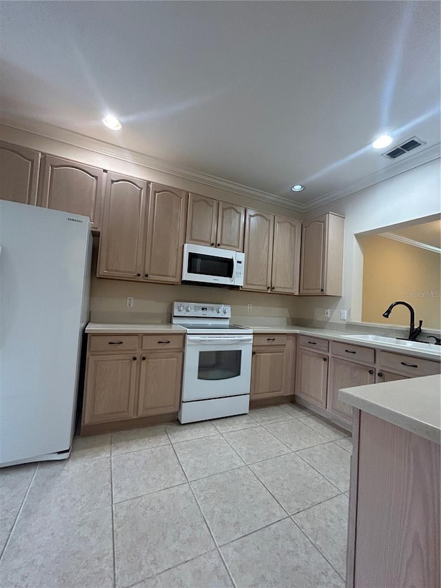 3244 River Branch Cir, Kissimmee, FL 34741 - kitchen featuring white appliances, a sink, light brown cabinets, ornamental molding, and light countertops