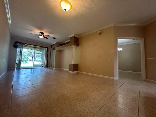 3244 River Branch Cir, Kissimmee, FL 34741 - empty room with crown molding, ceiling fan, light tile patterned flooring, baseboards, and a textured ceiling