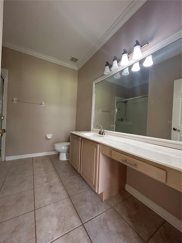 3244 River Branch Cir, Kissimmee, FL 34741 - bathroom with tile patterned flooring, vanity, ornamental molding, a stall shower, and toilet