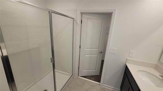 443 Cool Summer Ln, Davenport, FL 33837 - full bath with a stall shower, vanity, tile patterned flooring, and baseboards