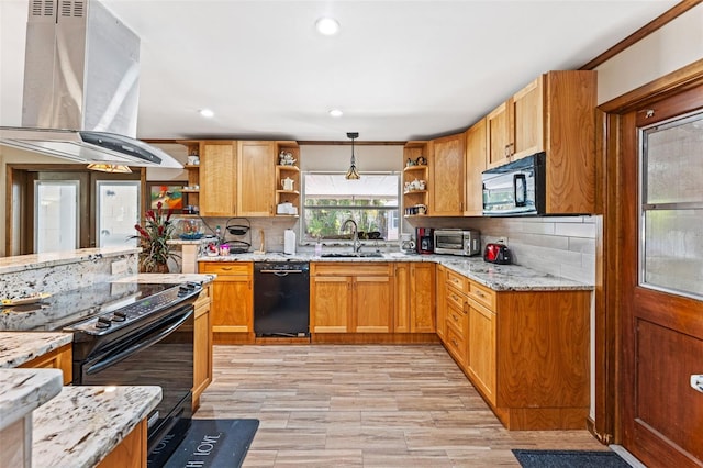 1096 Dyson Dr, Winter Springs, FL 32708 - kitchen featuring open shelves, black appliances, island exhaust hood, a sink, and recessed lighting