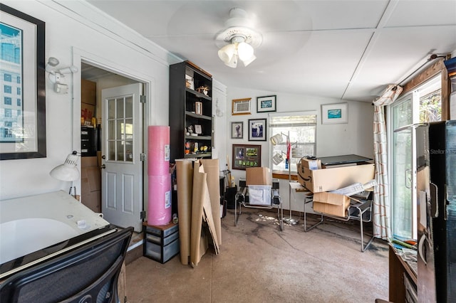 1096 Dyson Dr, Winter Springs, FL 32708 - office area featuring vaulted ceiling, plenty of natural light, concrete floors, and ceiling fan