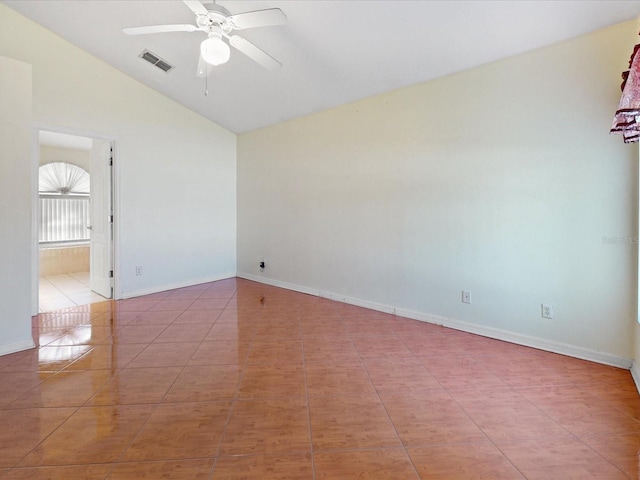 3811 Gator Bay Ln, Saint Cloud, FL 34772 - empty room featuring a ceiling fan, baseboards, tile patterned flooring, and high vaulted ceiling