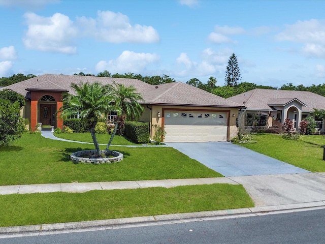 3811 Gator Bay Ln, Saint Cloud, FL 34772 - ranch-style home with a front lawn, an attached garage, concrete driveway, and stucco siding
