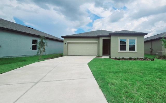 409 Conway Ave, Saint Cloud, FL 34771 - view of front of property with stucco siding, an attached garage, concrete driveway, and a front lawn