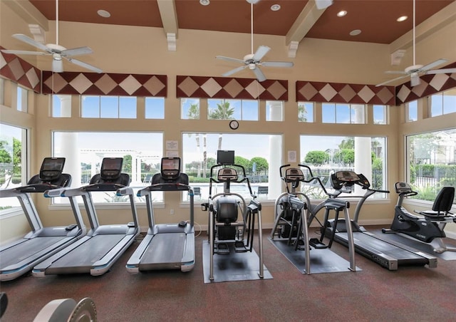 4053 Redbridge Loop, Davenport, FL 33837 - workout area featuring ceiling fan, healthy amount of natural light, beam ceiling, and recessed lighting