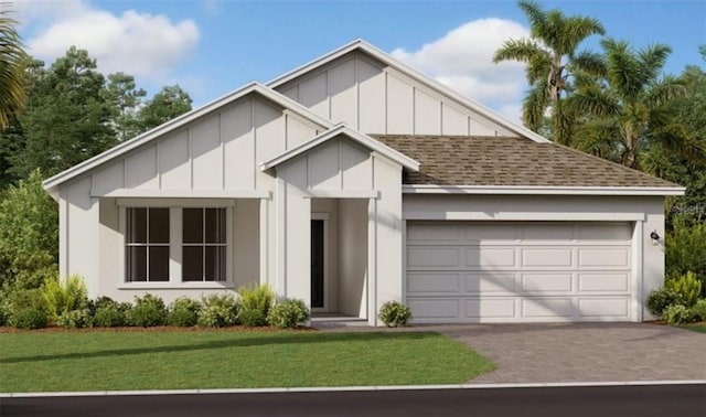 4053 Redbridge Loop, Davenport, FL 33837 - view of front of property featuring board and batten siding, a garage, driveway, a front yard, and roof with shingles