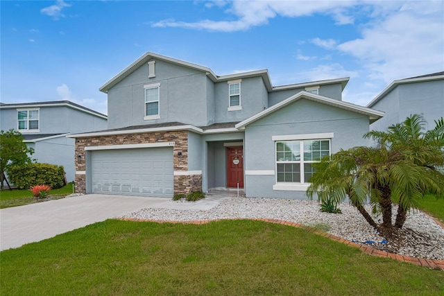 454 Hamlet Loop, Davenport, FL 33837 - view of front of property featuring an attached garage, driveway, stucco siding, a front yard, and stone siding