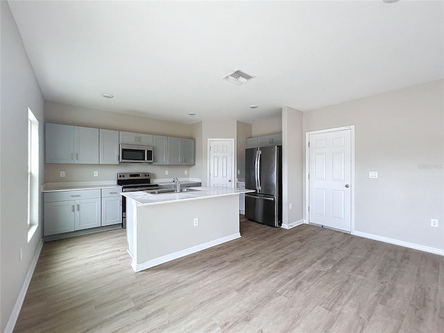 1404 Axel Cir, Winter Haven, FL 33880 - kitchen with stainless steel appliances, gray cabinets, a sink, and baseboards