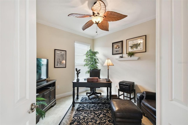 1703 Encinitas Way, Kissimmee, FL 34759 - office area with a ceiling fan, crown molding, light tile patterned floors, and baseboards