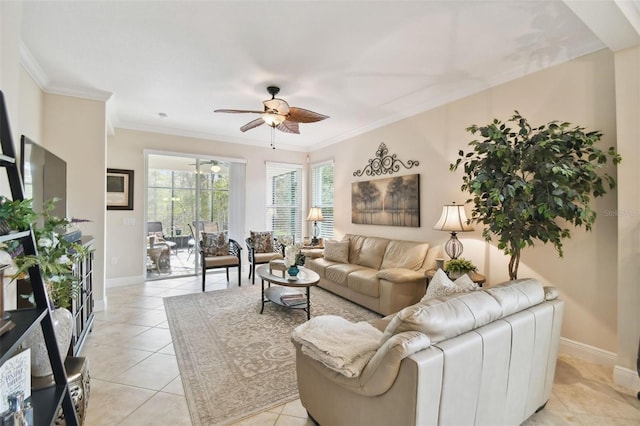 1703 Encinitas Way, Kissimmee, FL 34759 - living area with a ceiling fan, light tile patterned floors, baseboards, and crown molding