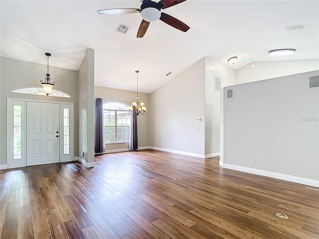 30 Lake Diamond Ave, Ocala, FL 34472 - foyer featuring vaulted ceiling, a chandelier, dark wood-style floors, a ceiling fan, and baseboards