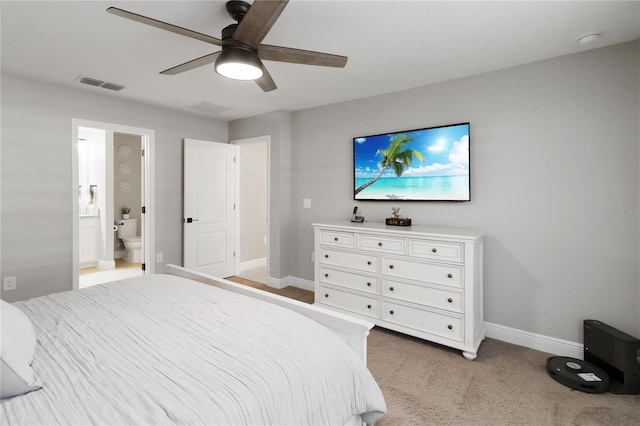 3211 Sweet Acres Pl, Saint Cloud, FL 34772 - bedroom featuring baseboards, light colored carpet, a ceiling fan, and ensuite bath