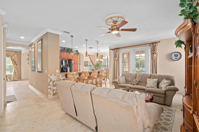 15037 Cedar Branch Way, Orlando, FL 32824 - living room featuring ornamental molding, ceiling fan, baseboards, and recessed lighting