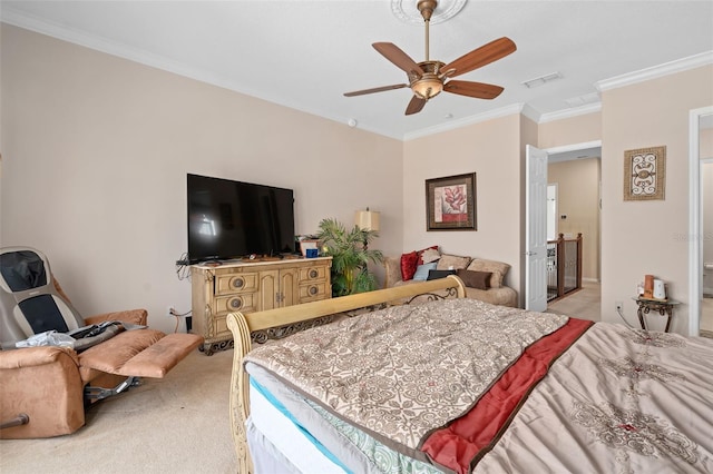 15037 Cedar Branch Way, Orlando, FL 32824 - bedroom with light carpet, crown molding, and a ceiling fan