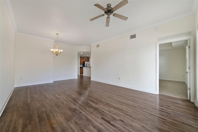 7468 Excitement Dr Unit 101, Reunion, FL 34747 - unfurnished living room with a chandelier, dark wood-style flooring, a ceiling fan, ornamental molding, and baseboards