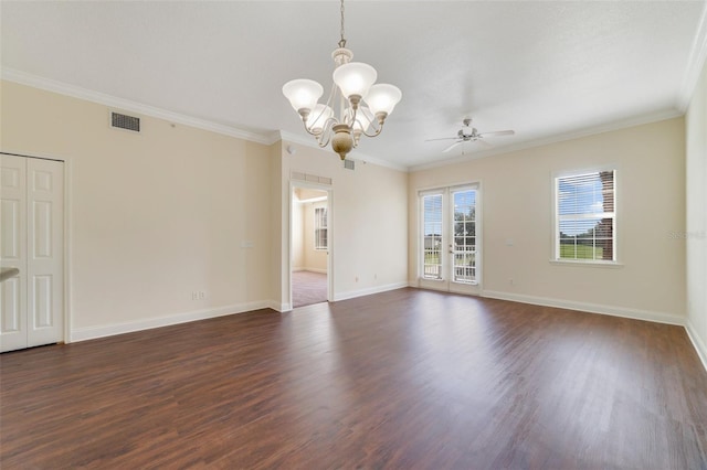 1501 Northern Harrier Way Unit 202, Reunion, FL 34747 - unfurnished room with a chandelier, dark wood-style floors, baseboards, ceiling fan, and crown molding