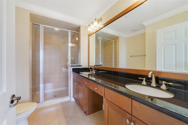 1501 Northern Harrier Way Unit 202, Reunion, FL 34747 - full bath featuring double vanity, toilet, a stall shower, tile patterned flooring, and crown molding
