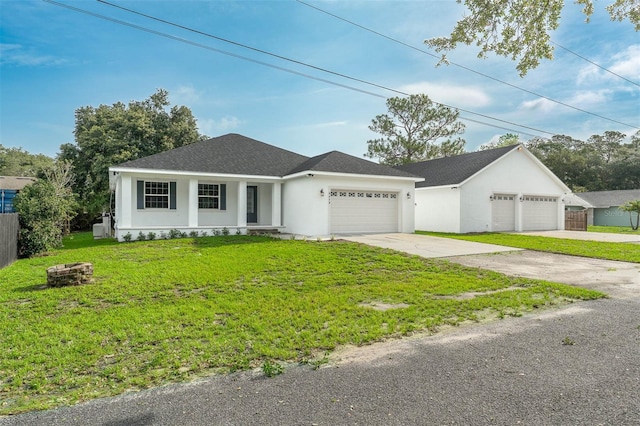 6479 Apple St, Saint Cloud, FL 34771 - ranch-style home with stucco siding, an attached garage, roof with shingles, and an outdoor fire pit