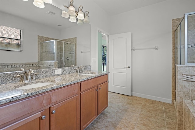 1394 Palmetto Dunes St, Champions Gate, FL 33896 - full bath featuring a shower stall, double vanity, and tile patterned flooring