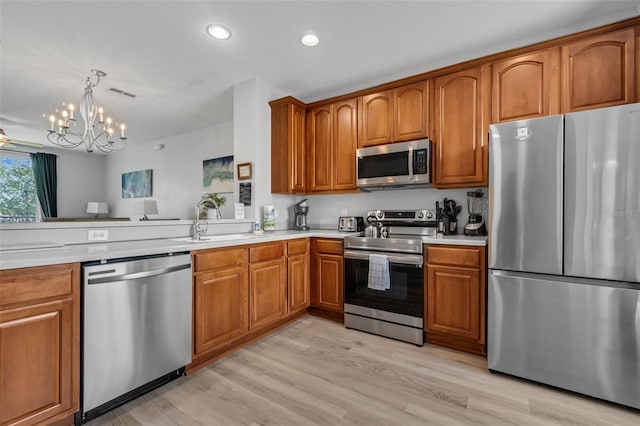 5038 Tideview Cir Unit 21, Orlando, FL 32819 - kitchen with appliances with stainless steel finishes, a sink, brown cabinetry, a chandelier, and light countertops