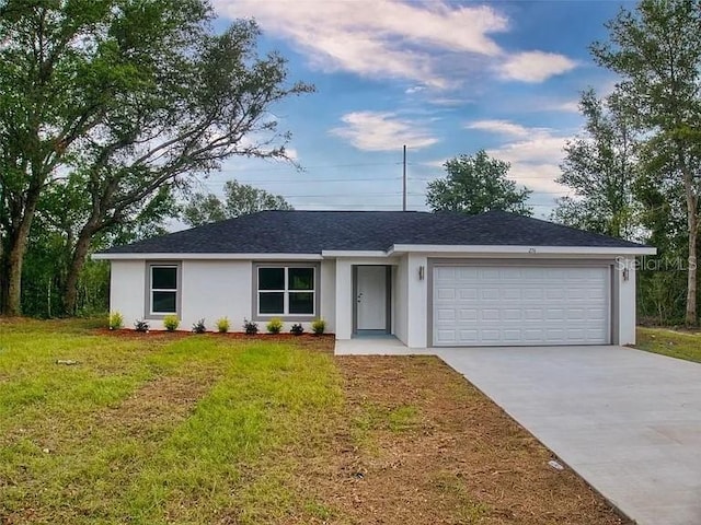 14512 SW 25th Ln, Ocala, FL 34481 - ranch-style home featuring stucco siding, an attached garage, concrete driveway, a front lawn, and roof with shingles