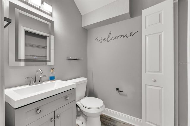 1628 Portofino Meadows Blvd, Orlando, FL 32824 - bathroom featuring toilet, vanity, wood finished floors, vaulted ceiling, and baseboards