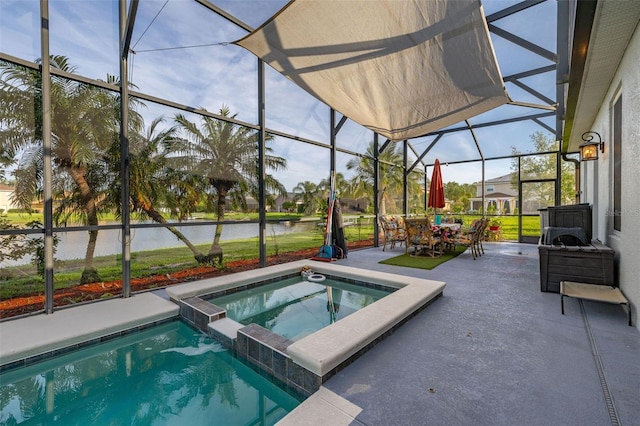 1760 Boat Launch Rd, Kissimmee, FL 34746 - view of swimming pool with glass enclosure, a patio area, a water view, outdoor dining space, and a pool with connected hot tub