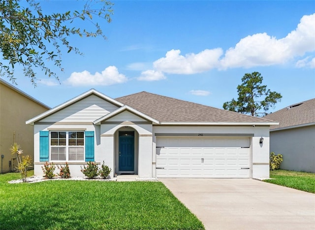 2416 White Poppy Dr, Kissimmee, FL 34747 - ranch-style house featuring concrete driveway, a garage, a front yard, stucco siding, and a shingled roof