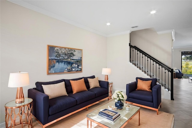 1312 Royal St George Blvd, Davenport, FL 33896 - tiled living room featuring crown molding, stairs, recessed lighting, and baseboards