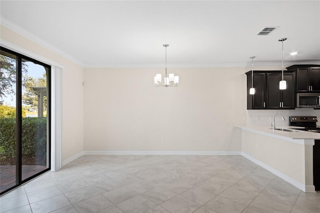 1312 Royal St George Blvd, Davenport, FL 33896 - unfurnished dining area with a sink, a chandelier, crown molding, baseboards, and light tile patterned floors