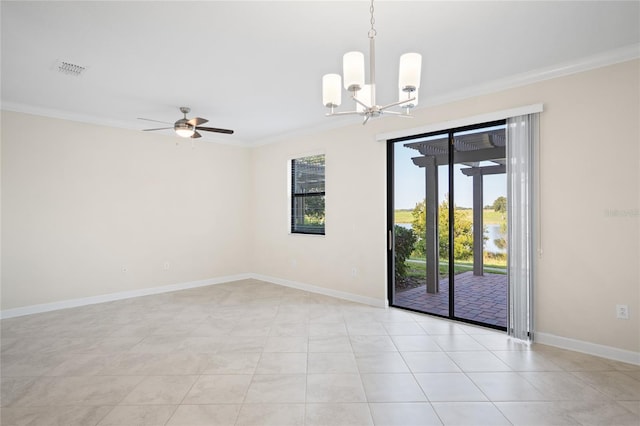 1312 Royal St George Blvd, Davenport, FL 33896 - unfurnished room with ornamental molding, a chandelier, baseboards, ceiling fan, and light tile patterned flooring