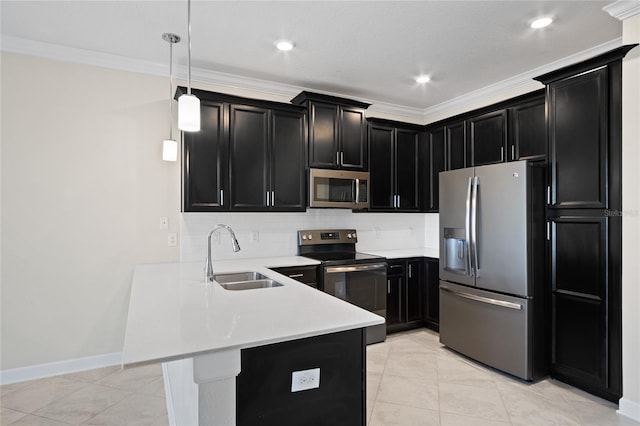 1312 Royal St George Blvd, Davenport, FL 33896 - kitchen featuring stainless steel appliances, a sink, dark cabinetry, a peninsula, and ornamental molding