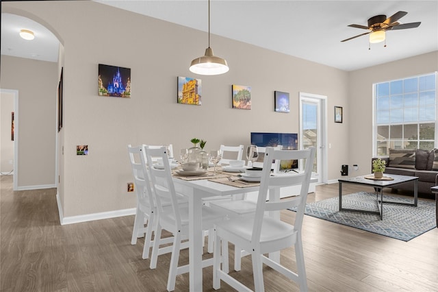 2307 Silver Palm Dr Unit 304, Kissimmee, FL 34747 - dining space with wood finished floors, arched walkways, baseboards, and a ceiling fan