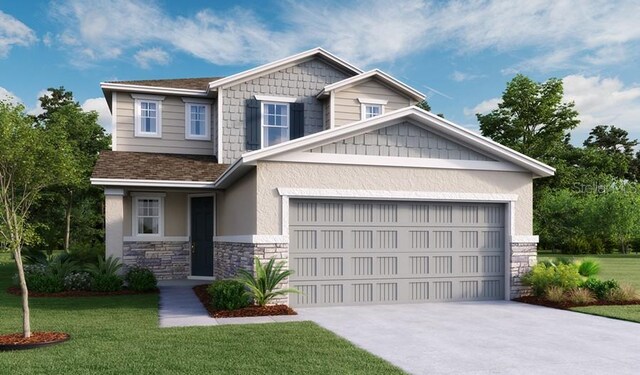 762 Lake Dell Ave, Dundee, FL 33838 - craftsman inspired home with stone siding, a front yard, a garage, driveway, and stucco siding