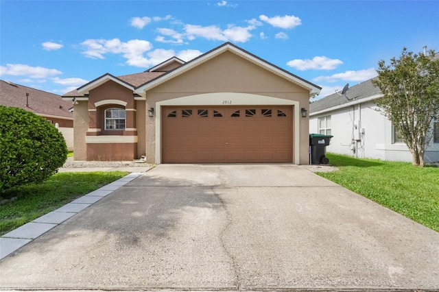 2912 Lazlo Ln, Orlando, FL 32837 - ranch-style house with stucco siding, concrete driveway, an attached garage, and a front lawn