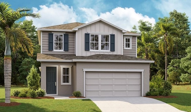 746 Lake Dell Ave, Dundee, FL 33838 - view of front of property with concrete driveway, a garage, a front yard, board and batten siding, and roof with shingles