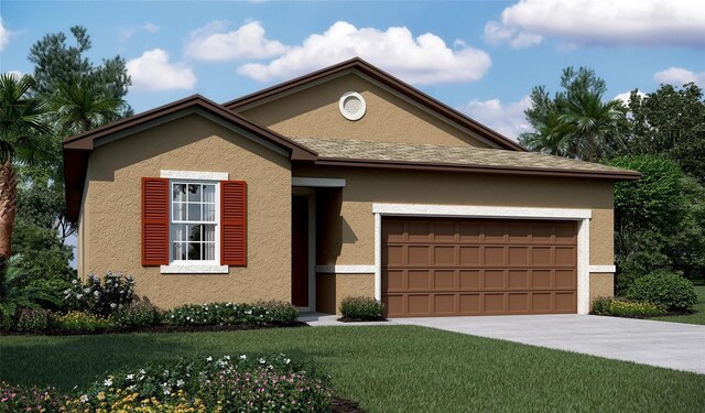 661 Hennepin Loop, Lake Wales, FL 33898 - view of front of home with stucco siding, an attached garage, driveway, and a front lawn