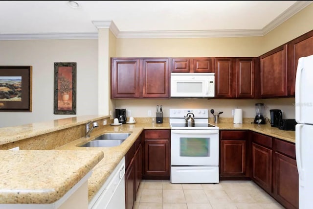 1375 Tuscana Ln Unit 1405, Davenport, FL 33896 - kitchen featuring white appliances, a sink, a peninsula, ornamental molding, and light stone countertops