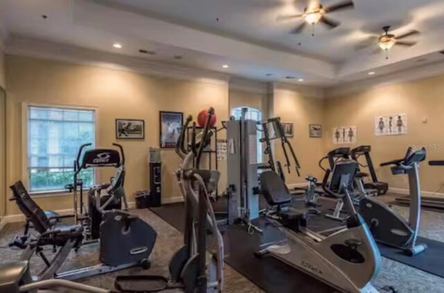 1375 Tuscana Ln Unit 1405, Davenport, FL 33896 - exercise room featuring baseboards, recessed lighting, a tray ceiling, and ceiling fan
