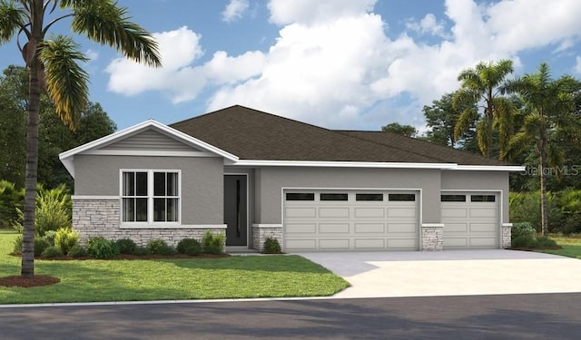 9211 Players Dr, Weeki Wachee, FL 34613 - view of front of house featuring stone siding, stucco siding, a garage, and driveway