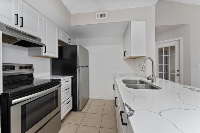437 Fountainhead Cir Unit 283, Kissimmee, FL 34741 - kitchen with appliances with stainless steel finishes, a sink, under cabinet range hood, white cabinetry, and decorative backsplash