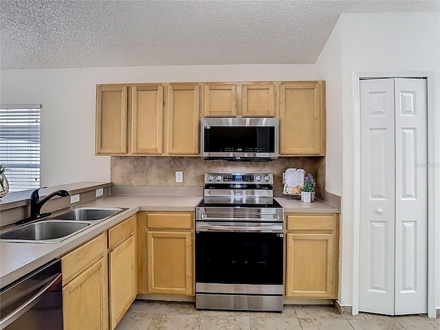 1851 Hammock Moss Dr, Orlando, FL 32820 - kitchen with appliances with stainless steel finishes, a sink, light brown cabinets, and a textured ceiling