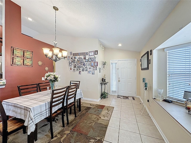 1364 Rebecca Dr, Haines City, FL 33844 - dining space featuring lofted ceiling, a textured ceiling, light tile patterned flooring, a chandelier, and recessed lighting