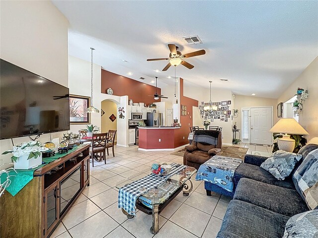 1364 Rebecca Dr, Haines City, FL 33844 - living area with a ceiling fan, light tile patterned flooring, a chandelier, and high vaulted ceiling